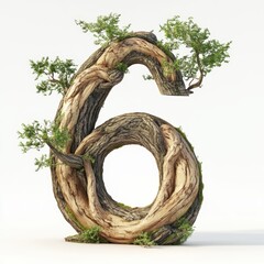 3D number 6 with tree texture realistic modern design, soft lighting, white background 