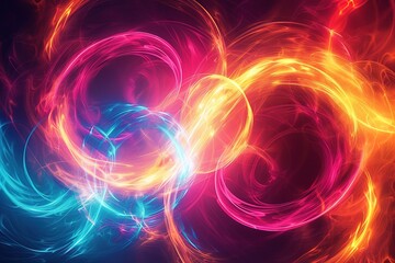 Fluorescent neon circles and swirling light lines coalescing into a hypnotic abstract pattern, radiating energy and vibrancy