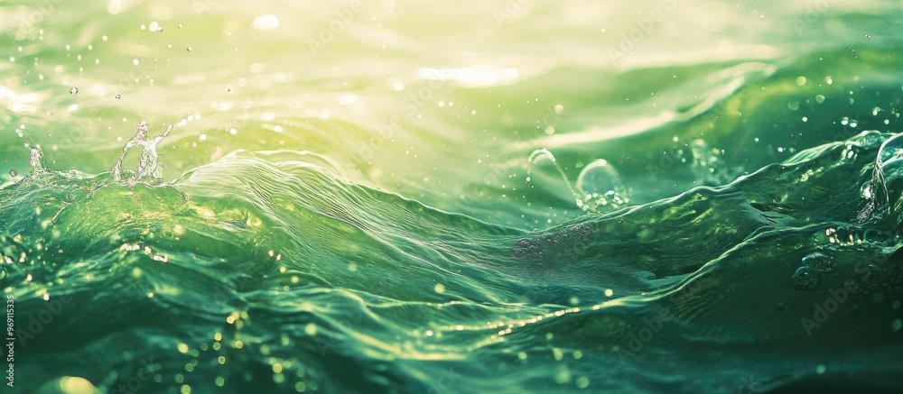 Aufkleber defocused blurred transparent green calm water surface texture featuring splashes and bubbles stylis