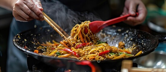 Chinese cuisine mixing noodles Lo mein. with copy space image. Place for adding text or design