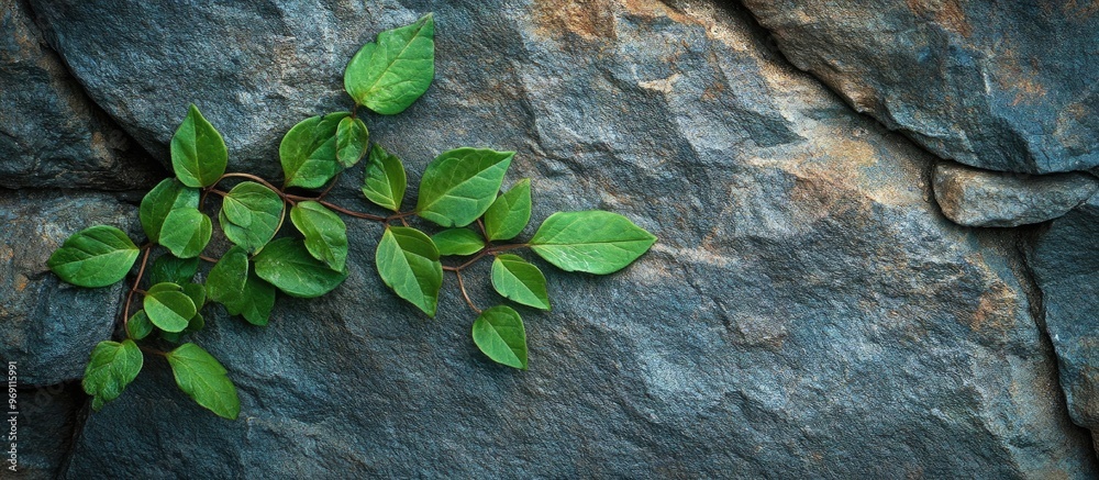 Aufkleber Leaves of a green plant emerging from a stone wall. with copy space image. Place for adding text or design