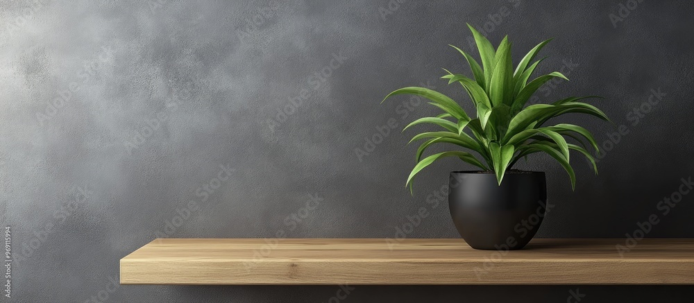 Leinwandbilder close up view of a flowering plant in a black pot on a wooden shelf houseplant idea. with copy space
