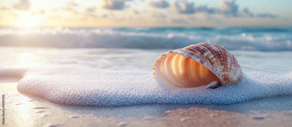 Fototapete shell on the beach by the sea. with copy space image. place for adding text or design