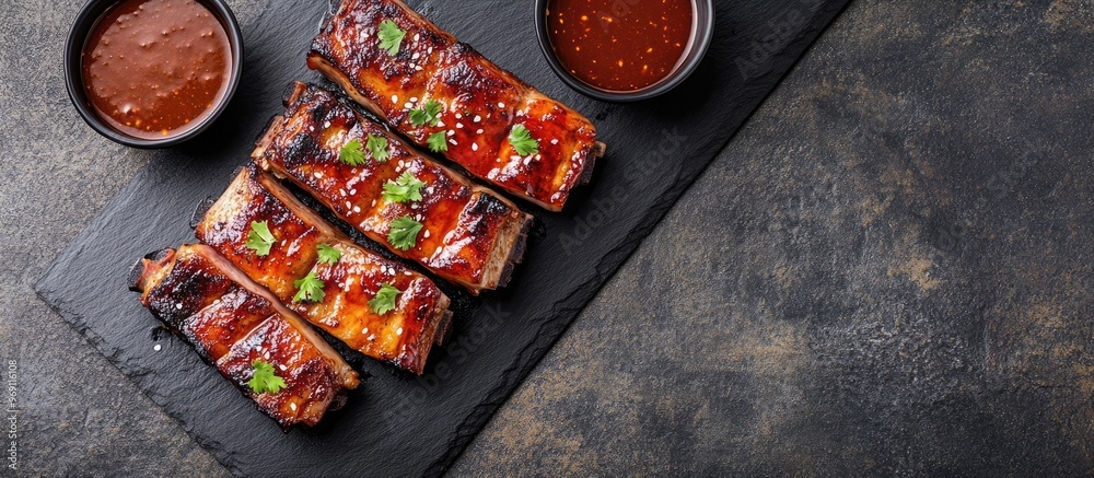 Poster korean cuisine pork belly and barbecue sauce. with copy space image. place for adding text or design