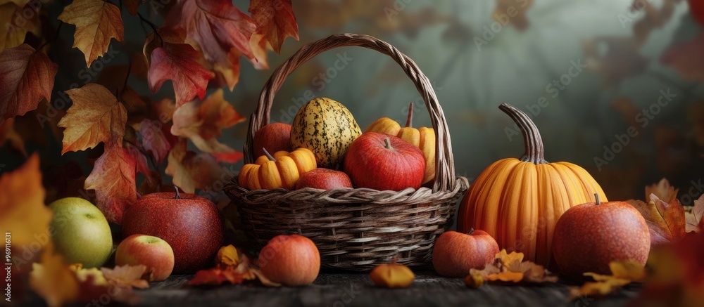 Leinwandbilder Pumpkins apples and autumn leaves in a basket. with copy space image. Place for adding text or design