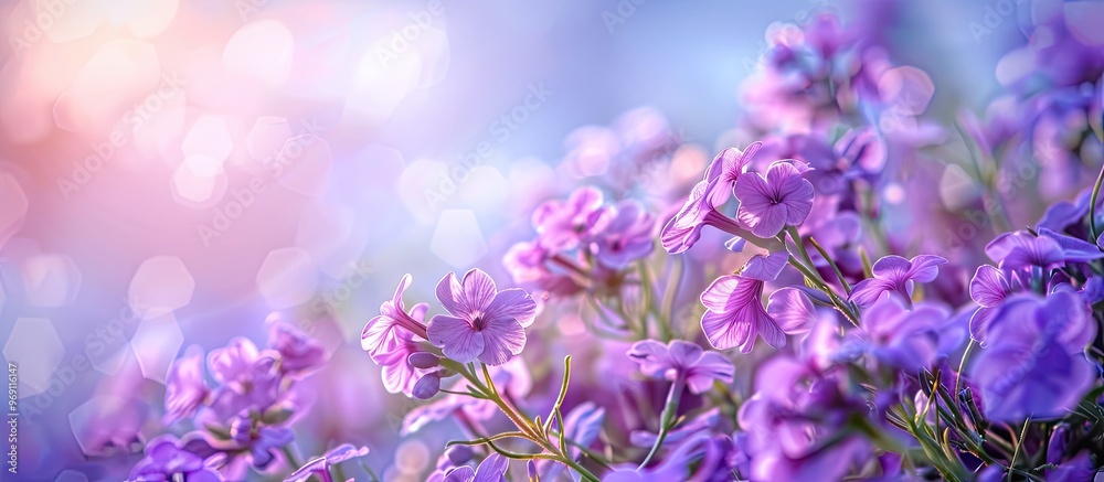 Poster Close up of a group of violet flowers against the sky. with copy space image. Place for adding text or design