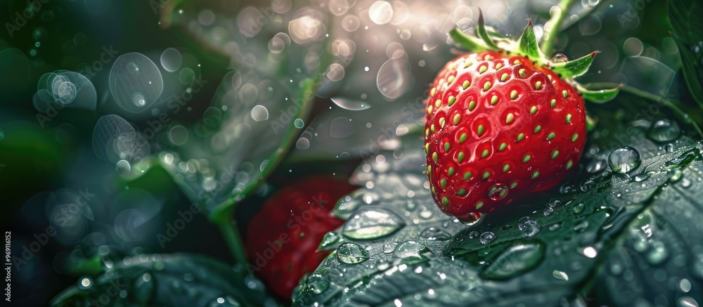 Poster Close up view of a strawberry leaf with water droplets against a blurred background. with copy space image. Place for adding text or design
