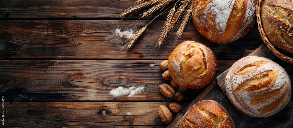 Poster Fresh bread on an old wooden table Top view with room for your text. with copy space image. Place for adding text or design