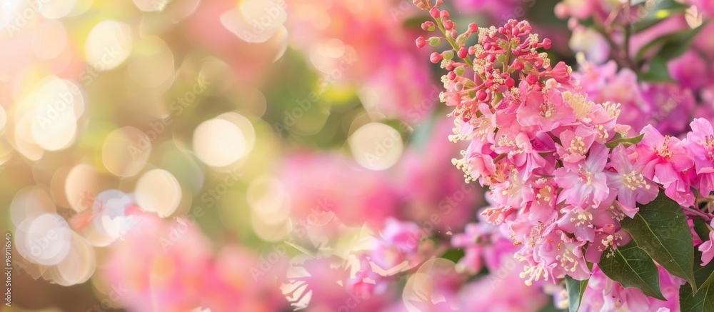 Aufkleber Pink crape myrtle flowers are blooming beautifully in front of the home. with copy space image. Place for adding text or design
