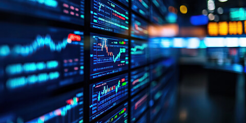 Naklejka premium Stock Watch: A wall of monitors display live stock market updates.