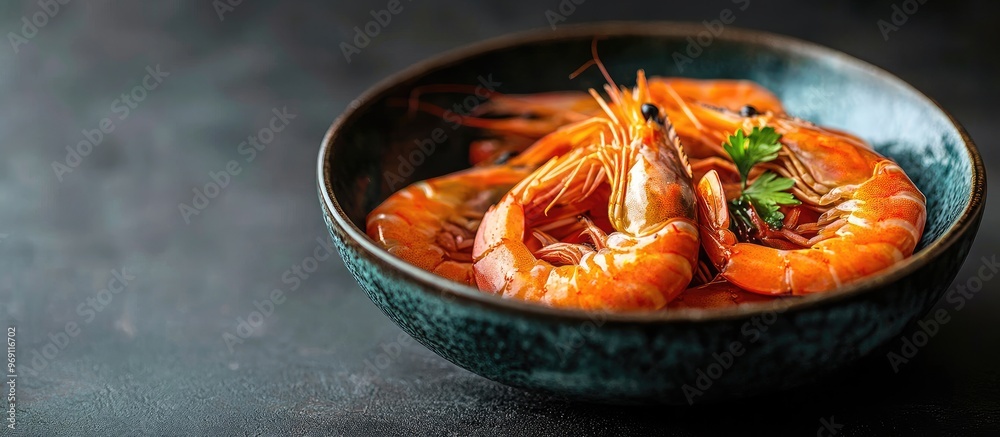 Leinwandbilder tasty delicious shrimp in a bowl on a table. with copy space image. place for adding text or design