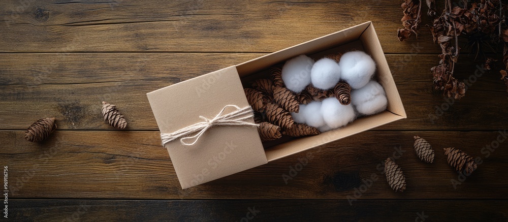 Poster Open gift box on a wooden surface Box containing cones and cotton. with copy space image. Place for adding text or design
