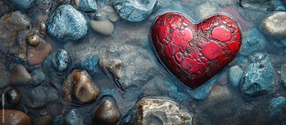 Aufkleber Red decorative heart on stones and water overhead view Area for text. with copy space image. Place for adding text or design