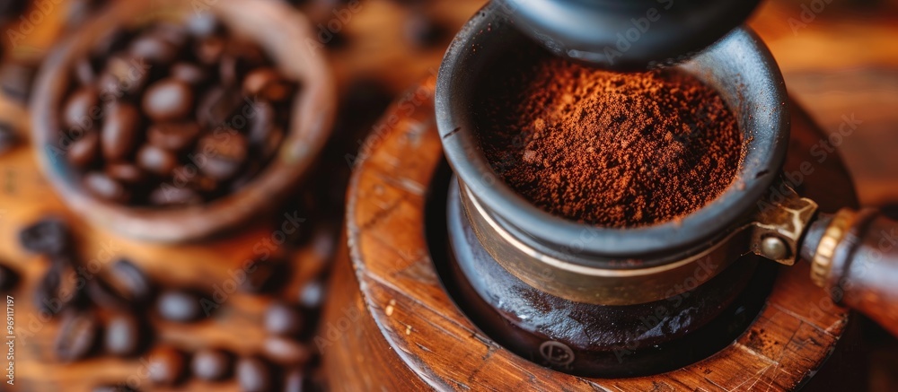 Aufkleber raised perspective of a coffee mill with ground coffee atop coffee beans. with copy space image. pla