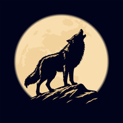 Wolf on a rock howling at the moon. Vector illustration with clear even forms. Mystical silhouette of a wolf for Halloween or scary story. Howling wolf - symbol of mystery, loneliness and despair.