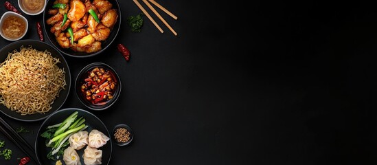 Chinese food on a black background Noodles fried rice dumplings stir fried chicken dim sum spring rolls bean sprouts and bok choy A set of Chinese cuisine Room for text Top view Chinese restaurant