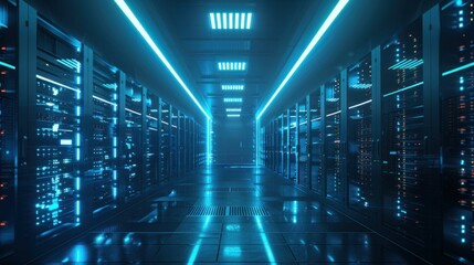 Futuristic server room with glowing blue lights creating a digital ambiance