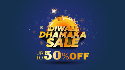 Diwali festive background with Diwali Dhamaka Sale logo 50% off offer deal discount concept.