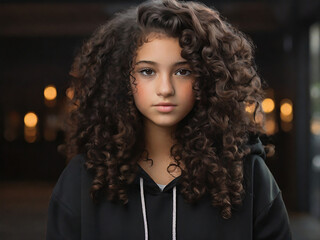 Fototapeta premium a black girl with dark brown curly hair in a black hoodie