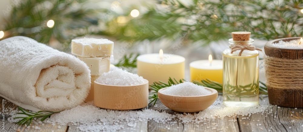 Aufkleber all white spa and bath image towels soap bath salt and skin cream. with copy space image. place for 