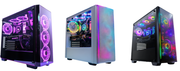 Set of Gaming PC isolated on transparent background, high-performance computer