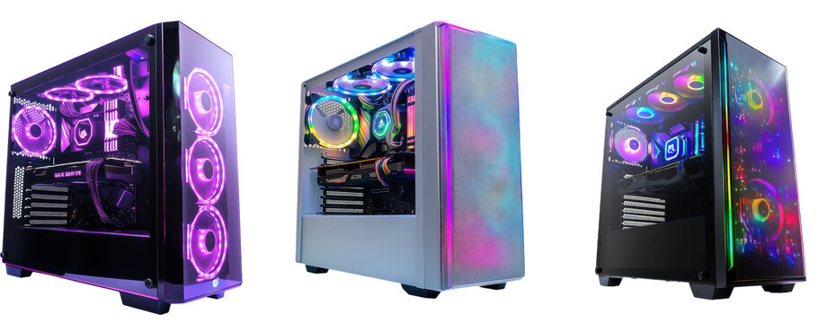 Set of Gaming PC isolated on transparent background, high-performance computer