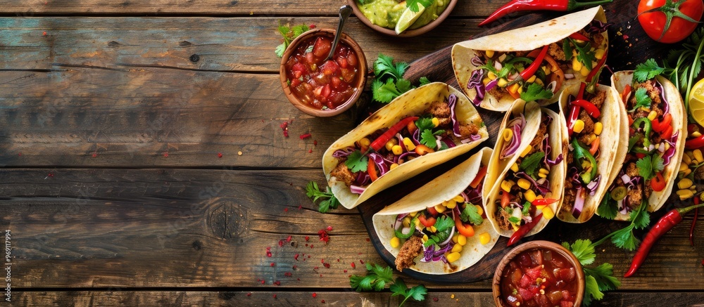 Poster Flat lay arrangement featuring tasty tacos on a wooden table with room for text. with copy space image. Place for adding text or design