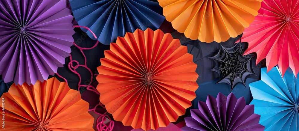 Poster colorful halloween backdrop made from round paper fans a variety of paper fans adorned with golden c