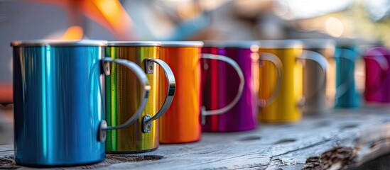 Close up of two colorful metal cups on a white background with copy space Theme of national camping month equipment and celebration