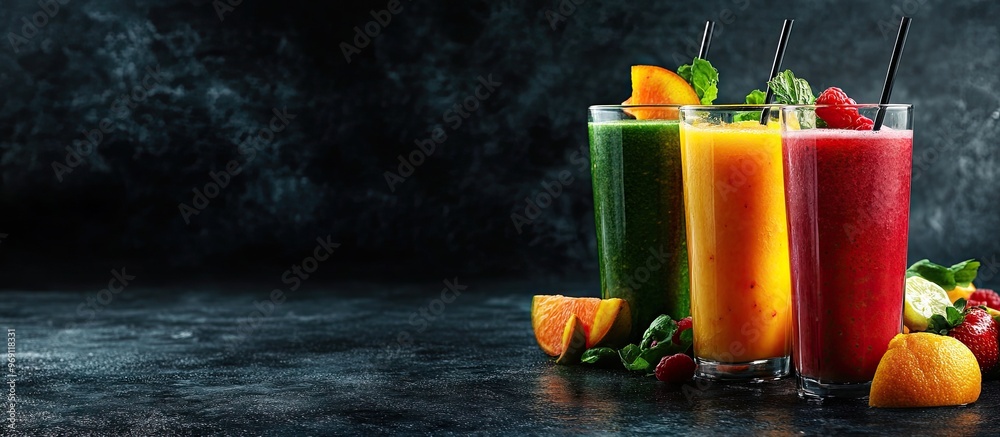 Leinwandbilder Front view of tall glasses filled with fresh fruits and vegetables prepared to create smoothies Health detox theme. with copy space image. Place for adding text or design