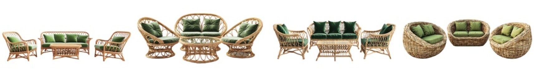 Fototapeta premium A set of scandinavian outdoor garden rattan couches and armchairs with a transparent background