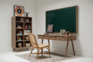 3D Sketch of a Stylish Educational Sanctuary with a Custom Desk, Rattan Seat, and Quirky Decor on a Clean White Background