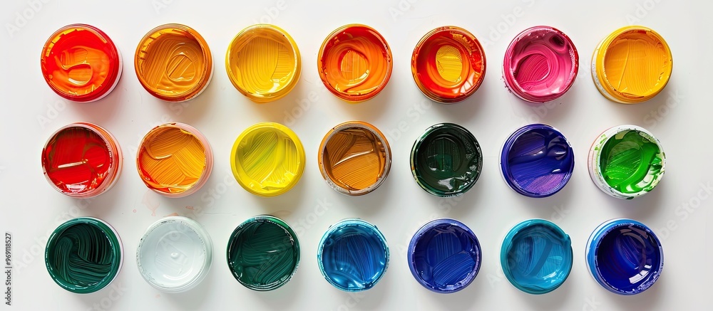 Poster Colorful collection of basic acrylic paints against a white background top view. with copy space image. Place for adding text or design