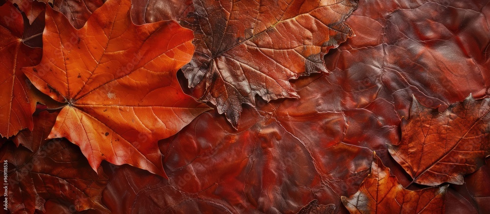 Poster Beautiful maple leaves on a classic leather backdrop Natural autumn scenery. with copy space image. Place for adding text or design