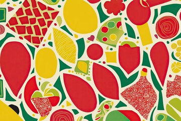 Vibrant Playful Collage with Whimsical Shapes and Bright Patterns in Candy Red Sunny Yellow and Lively Green