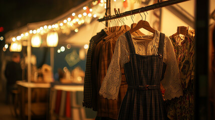 A rack of colorful traditional dresses hanging at an outdoor market stall, with blurred festival crowd and lights in the background.

