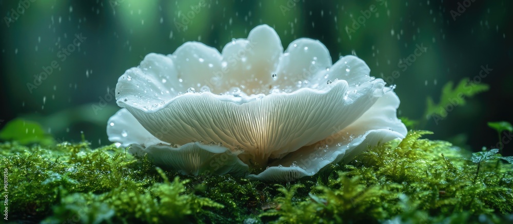 Poster a white fungus that appears naturally on the moss covered ground during the rainy season. with copy 