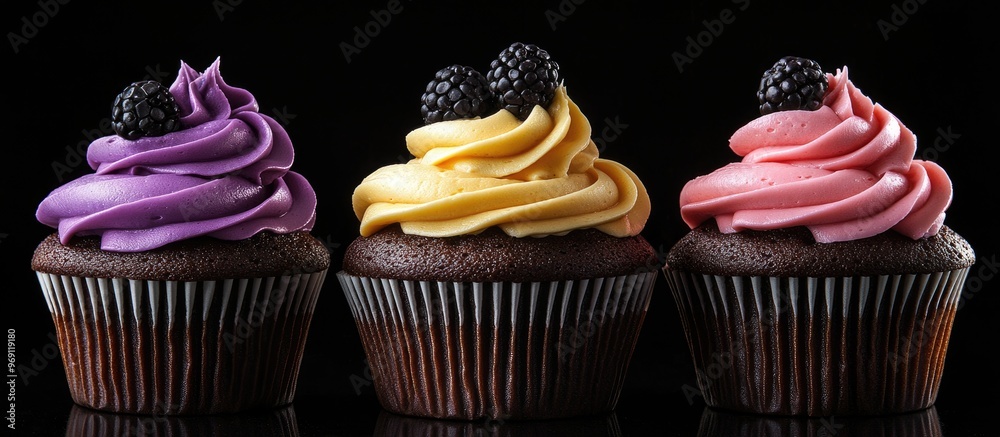 Poster Fresh cupcakes set against a black background Culinary backdrop Pastry concept Top view. with copy space image. Place for adding text or design