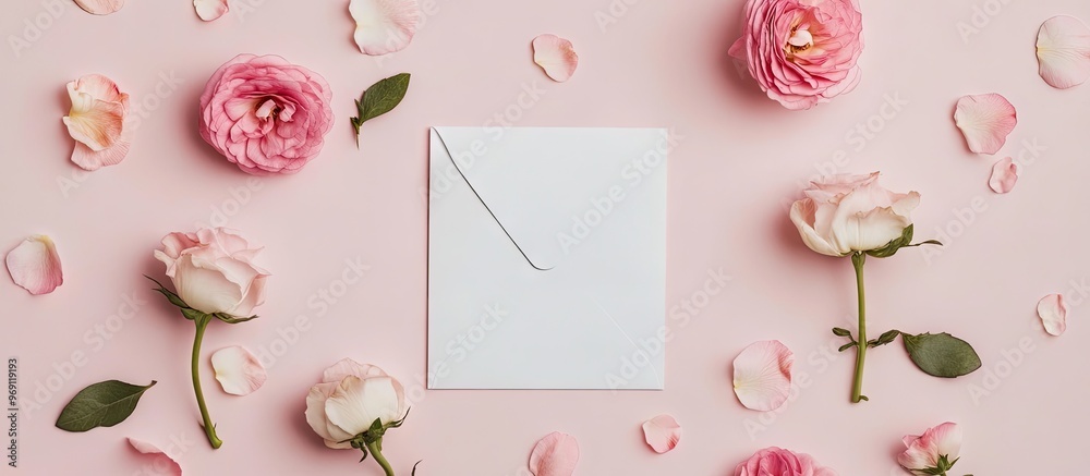 Poster Top view of a pink paper letter and flowers with space for text. with copy space image. Place for adding text or design