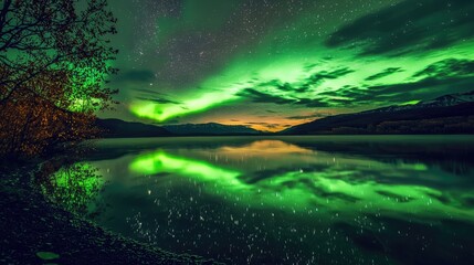 Fototapeta premium Shimmering aurora borealis reflected in still lake