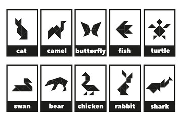 Tangram puzzle for children. Tangram line icons isolated. A set of educational tangram cards with 
animals. Black and white geometric collection.
