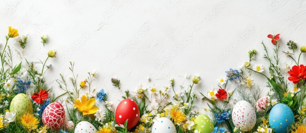 Leinwandbilder easter arrangement spring flowers and easter eggs on a white background top view. with copy space im