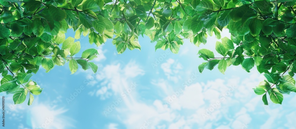 Poster blue sky and green tree leaves with copy space for text and design