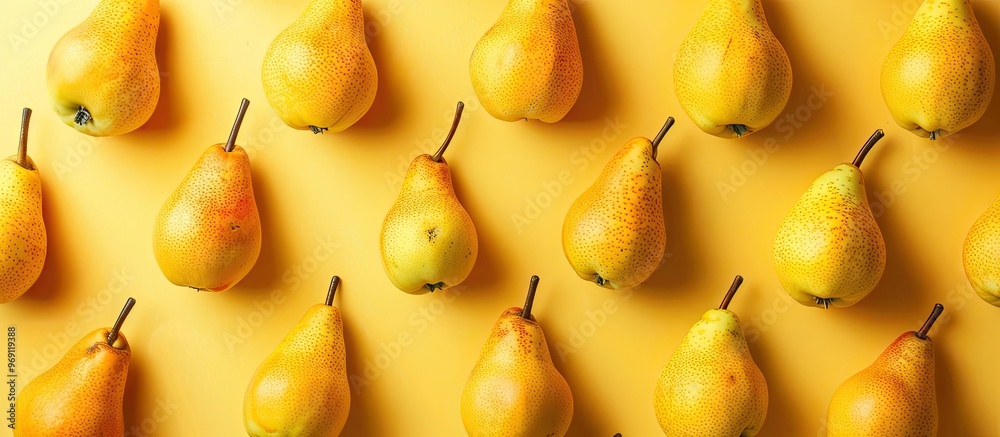 Poster yellow pears pattern close up of a pear against a yellow background autumn fruit idea featuring ripe