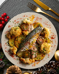 Baked mackerel with braised cauliflower and cherry tomatoes. Top view table with christmas decorations.