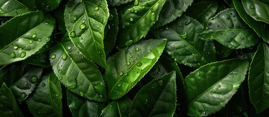 Fototapeta premium Close up view of a collection of leafy branches with fresh green tea leaves isolated on a white background These leaves are freshly picked from a home grown organic tea plantation Food concept clippi