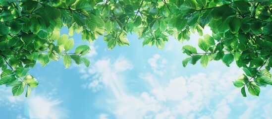 Blue sky and green tree leaves with copy space for text and design