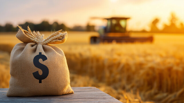 A money bag with a dollar sign resting on a table, with a combine harvester working through golden wheat fields in the background, representing the financial investment in land acq