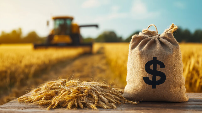 A money bag with a dollar sign resting on a table, with a combine harvester working through golden wheat fields in the background, representing the financial investment in land acq