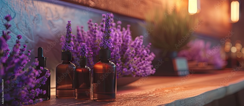 Poster lavender treatment on a wooden surface. with copy space image. place for adding text or design